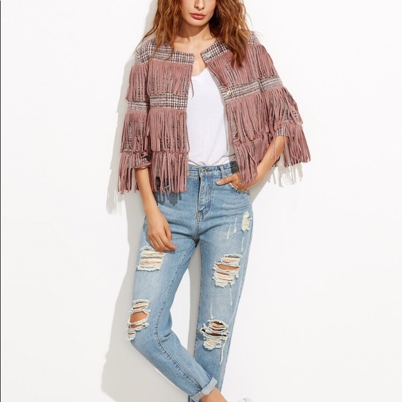 Pink Collarless Tweed Jacket With Fringe Detail - Picture 5 of 7